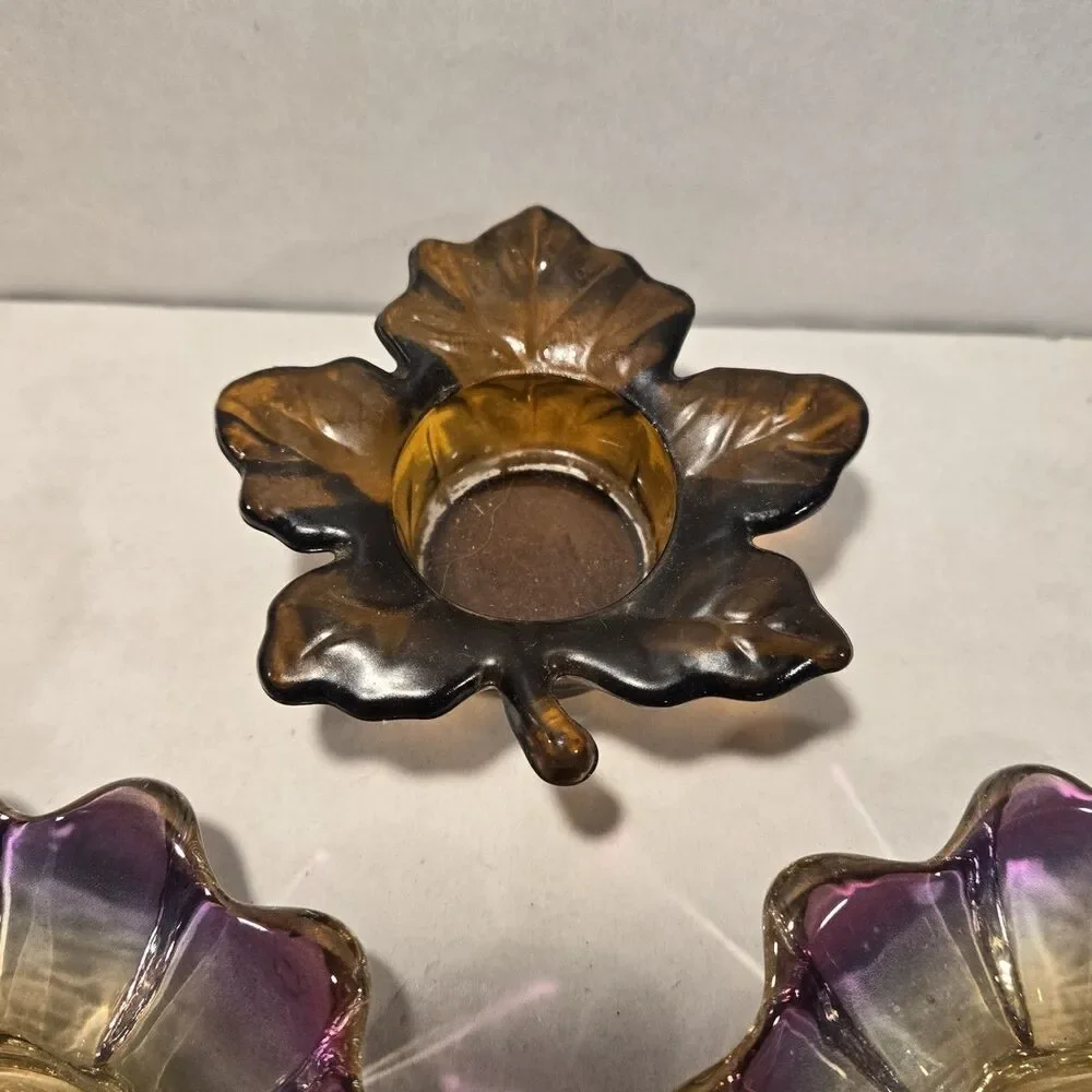 Vintage Federal Glass Celestial Candle Holder Set - Iridescent Sunburst & Autumn